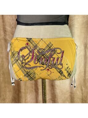 Sinful Affliction Bikini Bottoms Rome Plaid Yellow Rhinestone Star Tie Sides Y2K